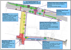 Le Transformations de Southport Phasing Plan July 25. Eastbank street north footpath (ph3) pedestrain route maintained against buildings. PH3 works currently ongoing. Eastbank street paved crossings, work to commence on new pedestrian crossings. Eastbank street south footpath, ph1 works now complete - pedestrian route against buildings. Currently programmed to recommence works in this area (ph4) once crossing points complete. King Street, eastern footpath 80% complete - pedestrian routes currently available on both sides. Activities to continue here in July on western footpath. King Street - Market Street Junction - traffic management has been installed in preparation for works commencing. Market Street footpaths 90% complete on both sides of market street with pedestrian routes available along both sides. Fencing to be removed by end of week commencing 30th June.