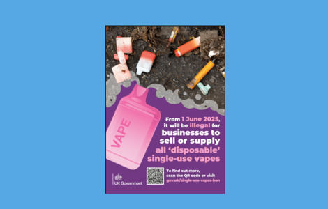 UK Government poster announcing that from 1 June 2025 it will be illegal for businesses to sell or supply disposable single-use vapes, with an image of littered vapes, a pink vape graphic, QR code, and website link for more information.