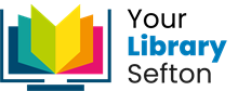 sefton libraries logo which is an outline of a computer with an open rainbow book inside