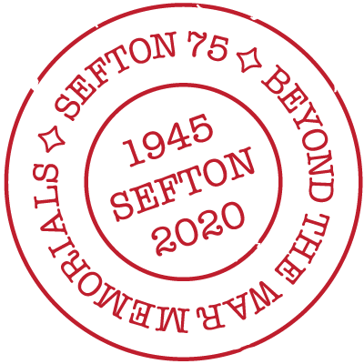 Sefton war memorial stamp logo with "Sefton 75 beyond the war memorials" around the outside and "1945 Sefton 2020" in the middle