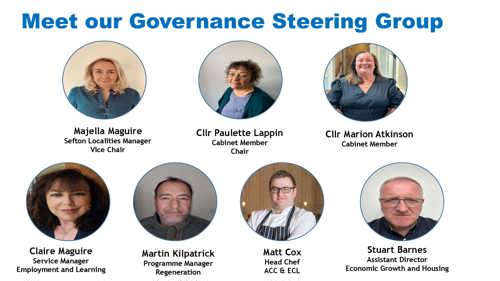 Meet our Governance Steering Group. Majella Maguire, Vice Chair and Sefton Localities Manager; Councillor Paulette Lappin, Chair and Cabinet Member; Councillor Marion Atkinson, Leader of the Council and Leader of Labour Group; Claire Maguire, Service Manager, Employment and Learning; Martin Kilpatrick, Programme Manager, Regeneration; Matt Cox, Head Chef, ACC and ECL; Stuart Barnes, Assistant Director, Economic Growth and Housing