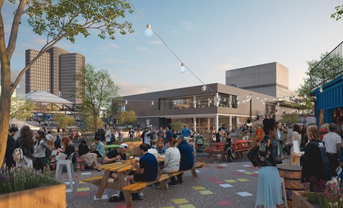 A computer generated image of what the new Strand's outdoor space looks like with benches and food stalls.