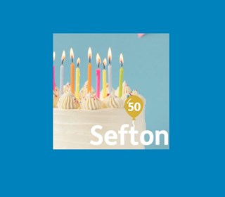 Sefton @50 logo with birthday cake and candles