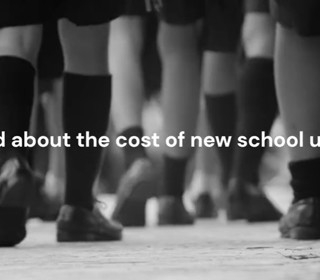 Black and white image image of  school children's feet and shoes walking away with the caption - worried about the cost of new school uniforms?