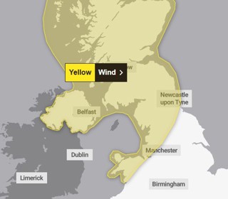 Map showing area of northern England and Scotland covered by a yellow area indicating area affected by met Office weather warning