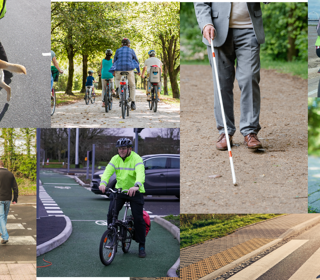 A collage of photos showing cycling, walking, and wheeling. 