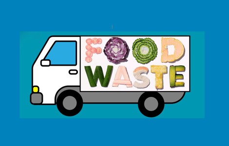 Image of truck with food waste spelt out in food items