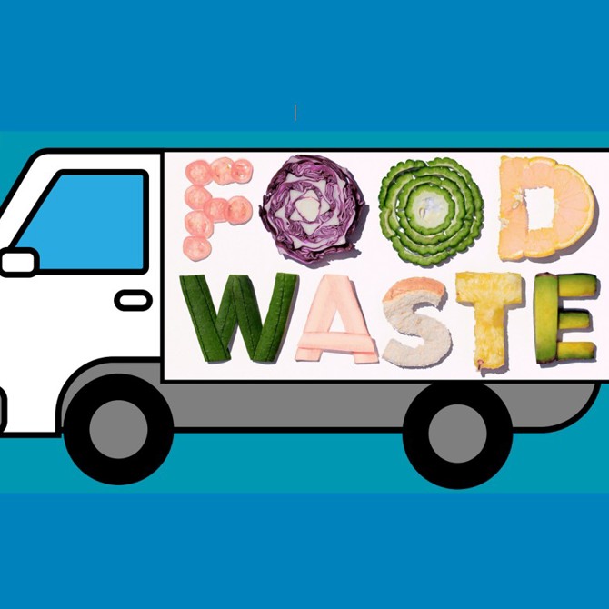 Image of truck with food waste spelt out in food items