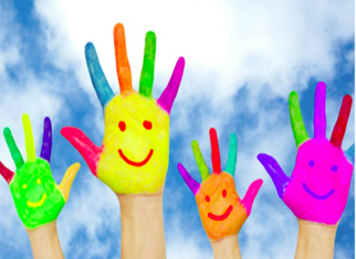 hands painted in multicolours with smiles