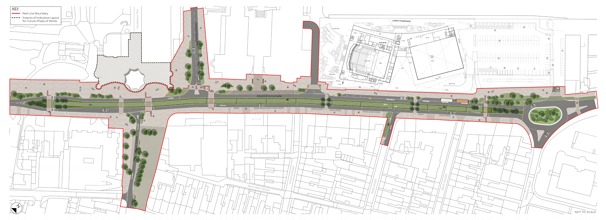 A map showing how the Promenade will look. It includes changes to the paths, road and green spaces. It is a picture of what is planned for the area.