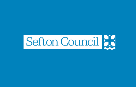 White Sefton Council logo on blue bacground