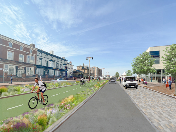 A picture that shows what the changes might look like when viewed along the Promenade. There are plants and trees, a path for bikes, and parking spaces. It shows a person riding a bicycle on the cycle path.