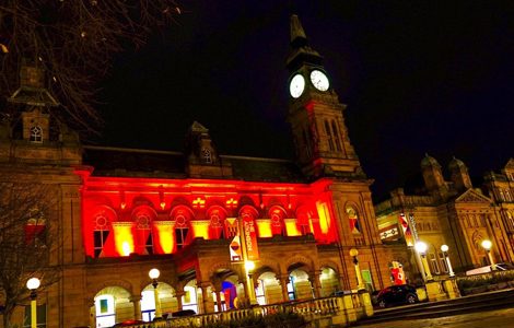 The Atkinson building in Southport illuminated red