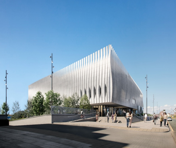 An image of the new Marine Lake Events Centre building on the seafront. It shows there will be plants and paths for people to walk to the centre. The picture is made by AFL Architects.