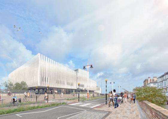 This picture shows the new plan for the Promenade. It has a 3D image of the MLEC building, a new pedestrian crossing, better paving materials, and plants. The picture shows people crossing the street and walking to the MLEC building