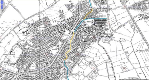 Map highlighting the position of the pool water course in 1975