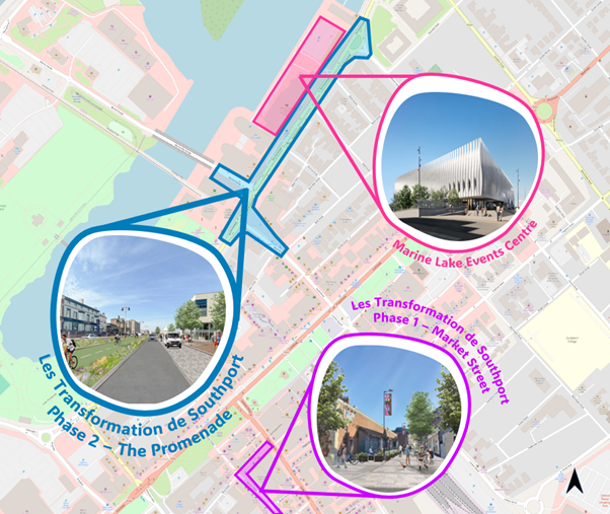 A map with images of buildings and showing the location of the proposed changes to the highways in Southport to support the MLEC.