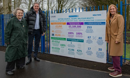 Cllr Lappin, Steve Rotheram and Kay Slade in front of a banner that demonstrates some of the social value impact of the scheme