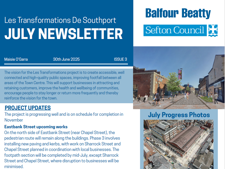 A preview of the June newsletter for Les Transformations De Southport with project updates for Eastbank Street, King Street and Market Street