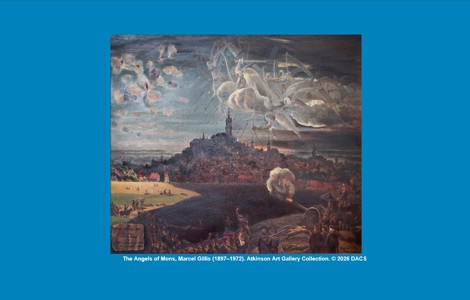 Painting depicting a battle scene with soldiers, cannons, and a city in the background. Ethereal figures with wings and bows appear in the sky, raining arrows down. Text in the lower left reads "THE ANGELS OF MONS The German Suddenly Stopped and galloped away at top speed. (August 1914)".