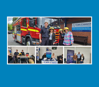 Firefighters and Care Connect staff pose by a fire truck and at information booths.