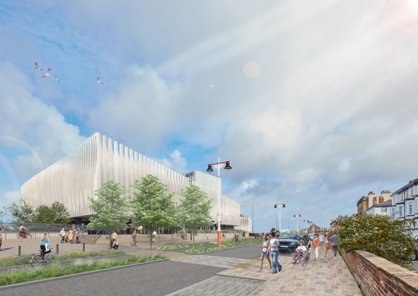 An image of the new Marine Lake Events Centre building on the seafront. It shows there will be plants and paths for people to walk to the centre. The picture is made by AFL Architects.